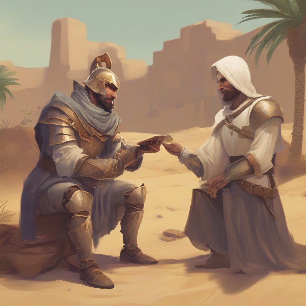 a merchant challenging a knight with riddles in the desert by मुफ्त एआई छवि जनरेटर - बिना लॉगिन के✨ | AIGAZOU