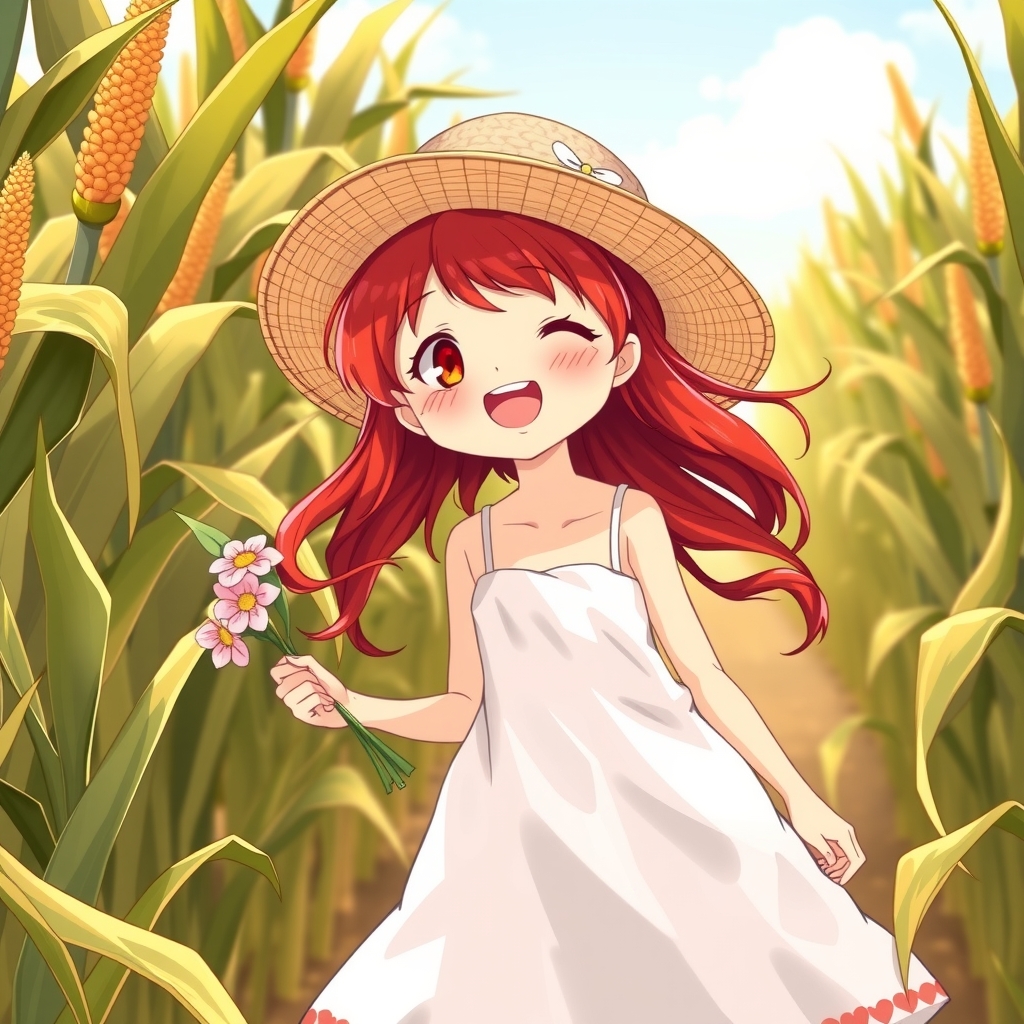 smiling red haired girl in white dress walking through cornfield by मुफ्त एआई छवि जनरेटर - बिना लॉगिन के✨ | AIGAZOU