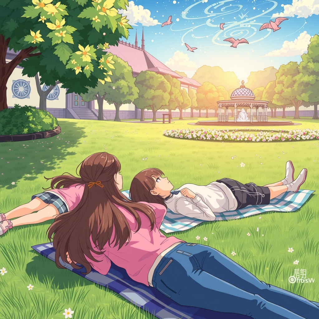 girls lying on lawn observing sky by मुफ्त एआई छवि जनरेटर - बिना लॉगिन के✨ | AIGAZOU