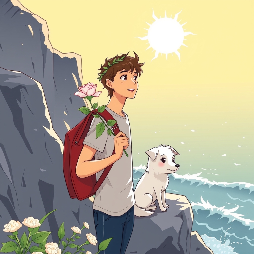 young man white rose red backpack cliff by मुफ्त एआई छवि जनरेटर - बिना लॉगिन के✨ | AIGAZOU