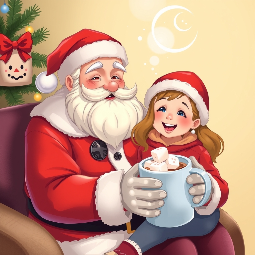 santa claus and his daughter drink hot chocolate with marshmallows by मुफ्त एआई छवि जनरेटर - बिना लॉगिन के✨ | AIGAZOU