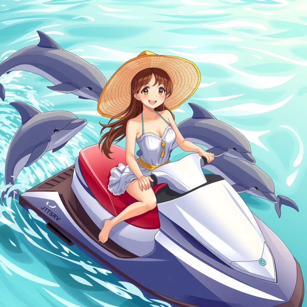 smiling girl on water scooter with dress and hat by मुफ्त एआई छवि जनरेटर - बिना लॉगिन के✨ | AIGAZOU