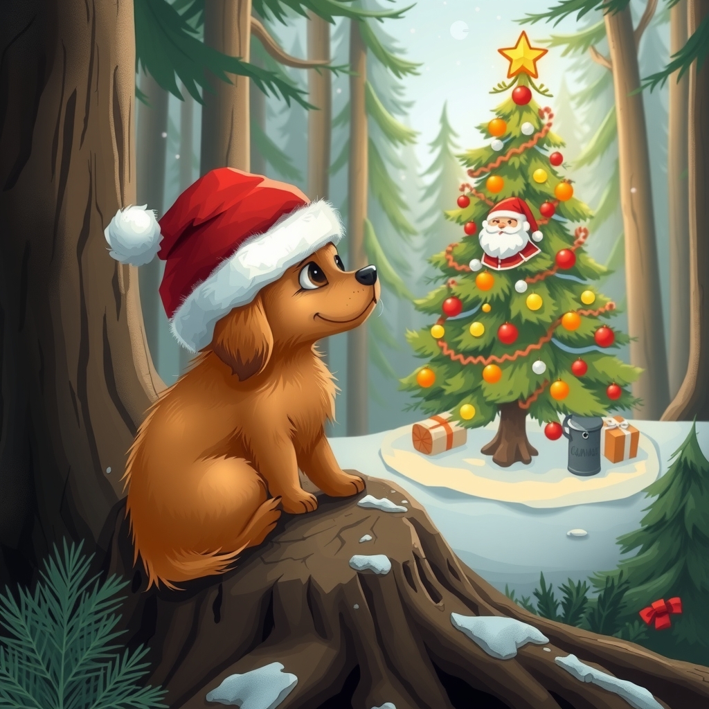 small brown dog sits on log with santa hat by मुफ्त एआई छवि जनरेटर - बिना लॉगिन के✨ | AIGAZOU