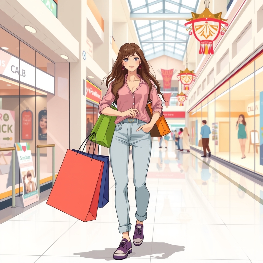 a girl dressed in light jeans and a pink blouse holds bags after shopping at a mall by मुफ्त एआई छवि जनरेटर - बिना लॉगिन के✨ | AIGAZOU