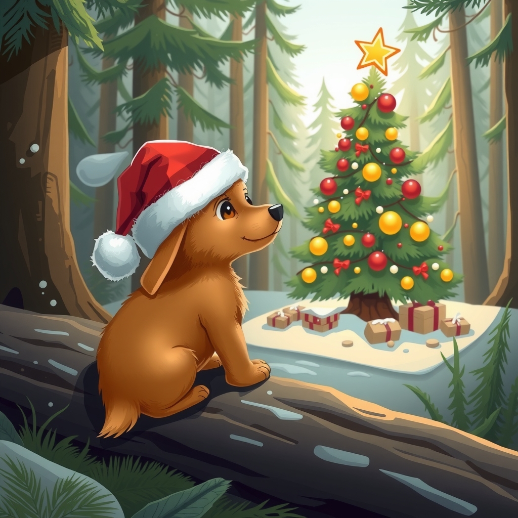 small brown dog sits on log with christmas hat by मुफ्त एआई छवि जनरेटर - बिना लॉगिन के✨ | AIGAZOU