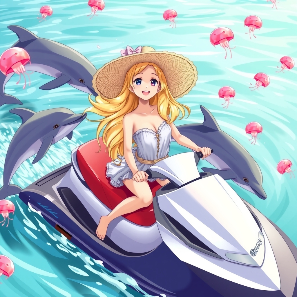 happy blonde girl on jet ski with dolphins by मुफ्त एआई छवि जनरेटर - बिना लॉगिन के✨ | AIGAZOU