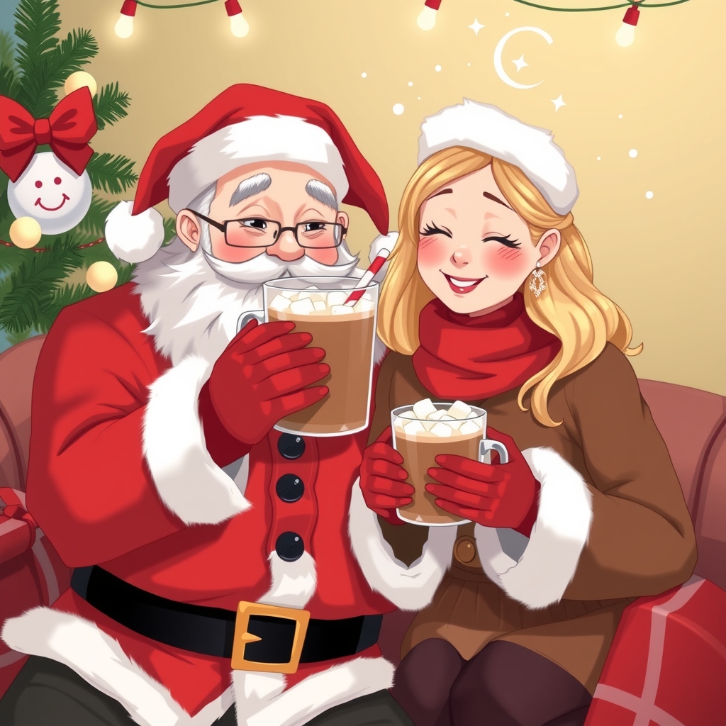 santa claus and his wife drink hot chocolate with marshmallows by मुफ्त एआई छवि जनरेटर - बिना लॉगिन के✨ | AIGAZOU