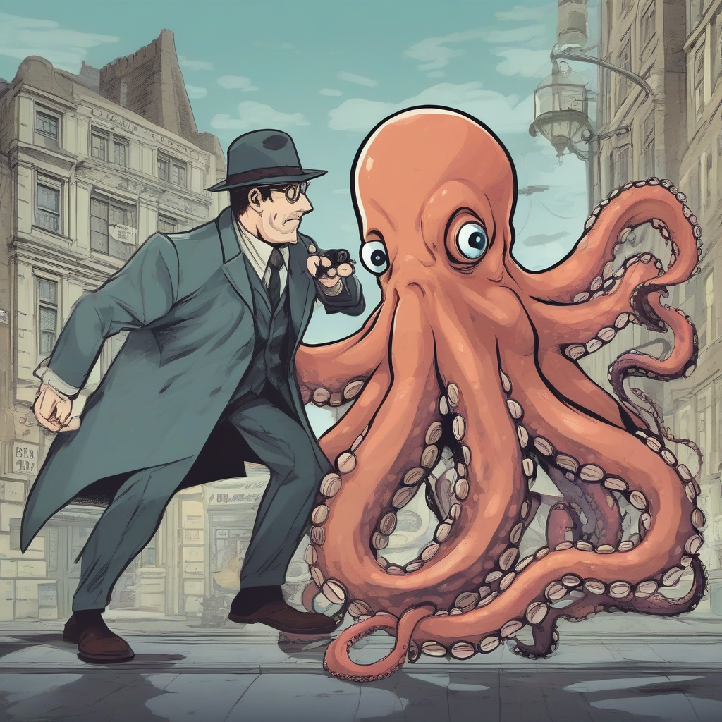 an octopus and a detective fight together by मुफ्त एआई छवि जनरेटर - बिना लॉगिन के✨ | AIGAZOU