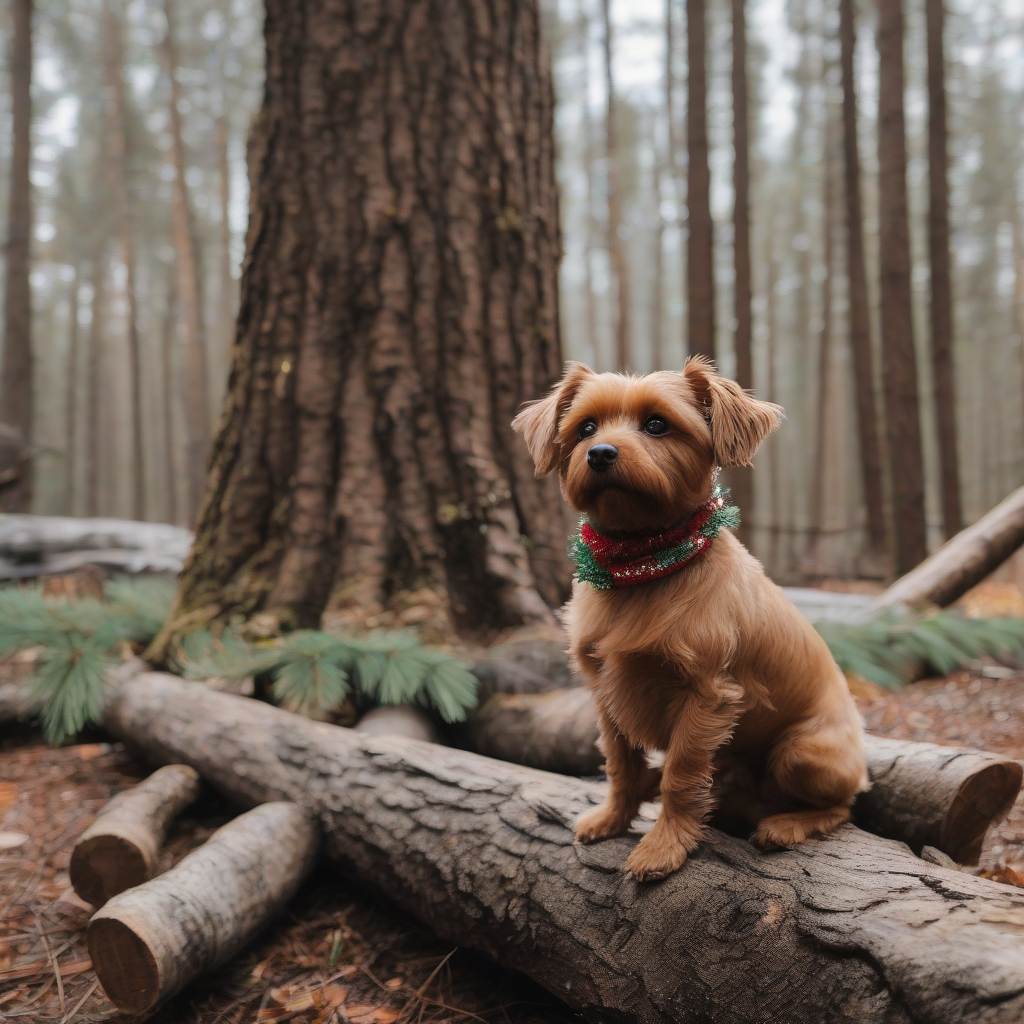 small brown dog sits on log and watches decorated tree in forest by मुफ्त एआई छवि जनरेटर - बिना लॉगिन के✨ | AIGAZOU