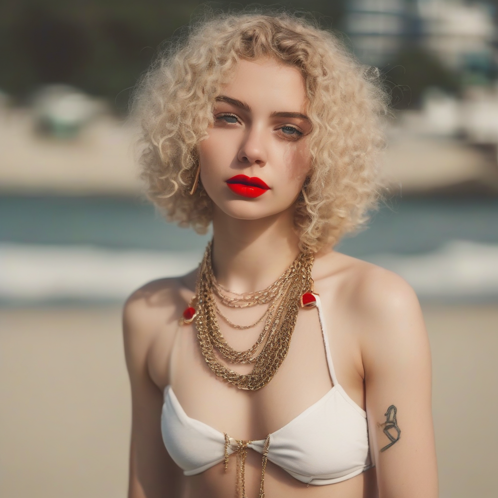 young woman blonde curly hair bikini beach by मुफ्त एआई छवि जनरेटर - बिना लॉगिन के✨ | AIGAZOU