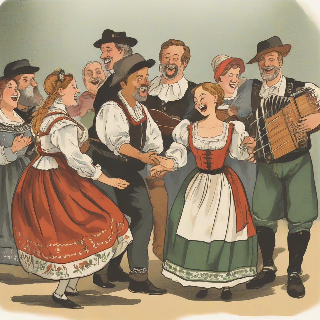 illustration of men and women in traditional german costumes dancing and singing by मुफ्त एआई छवि जनरेटर - बिना लॉगिन के✨ | AIGAZOU