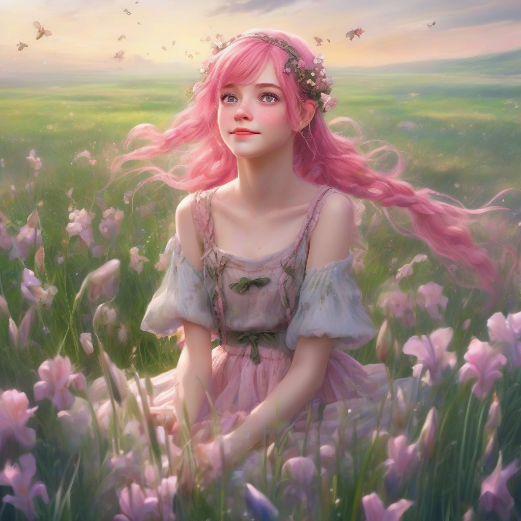 a girl with pink hair floating in a field of flowers by मुफ्त एआई छवि जनरेटर - बिना लॉगिन के✨ | AIGAZOU