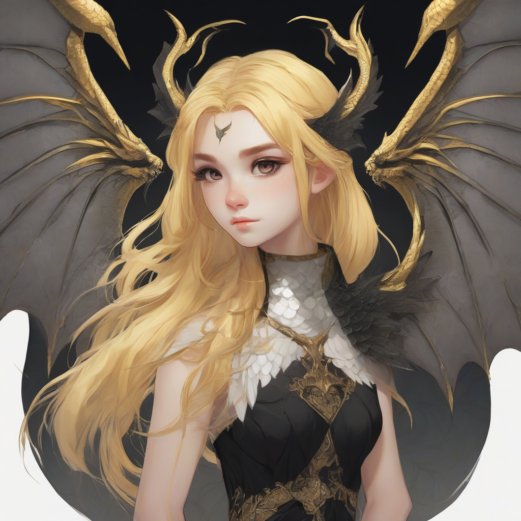 a girl with golden hair black eyes dragon scales and black wings by मुफ्त एआई छवि जनरेटर - बिना लॉगिन के✨ | AIGAZOU