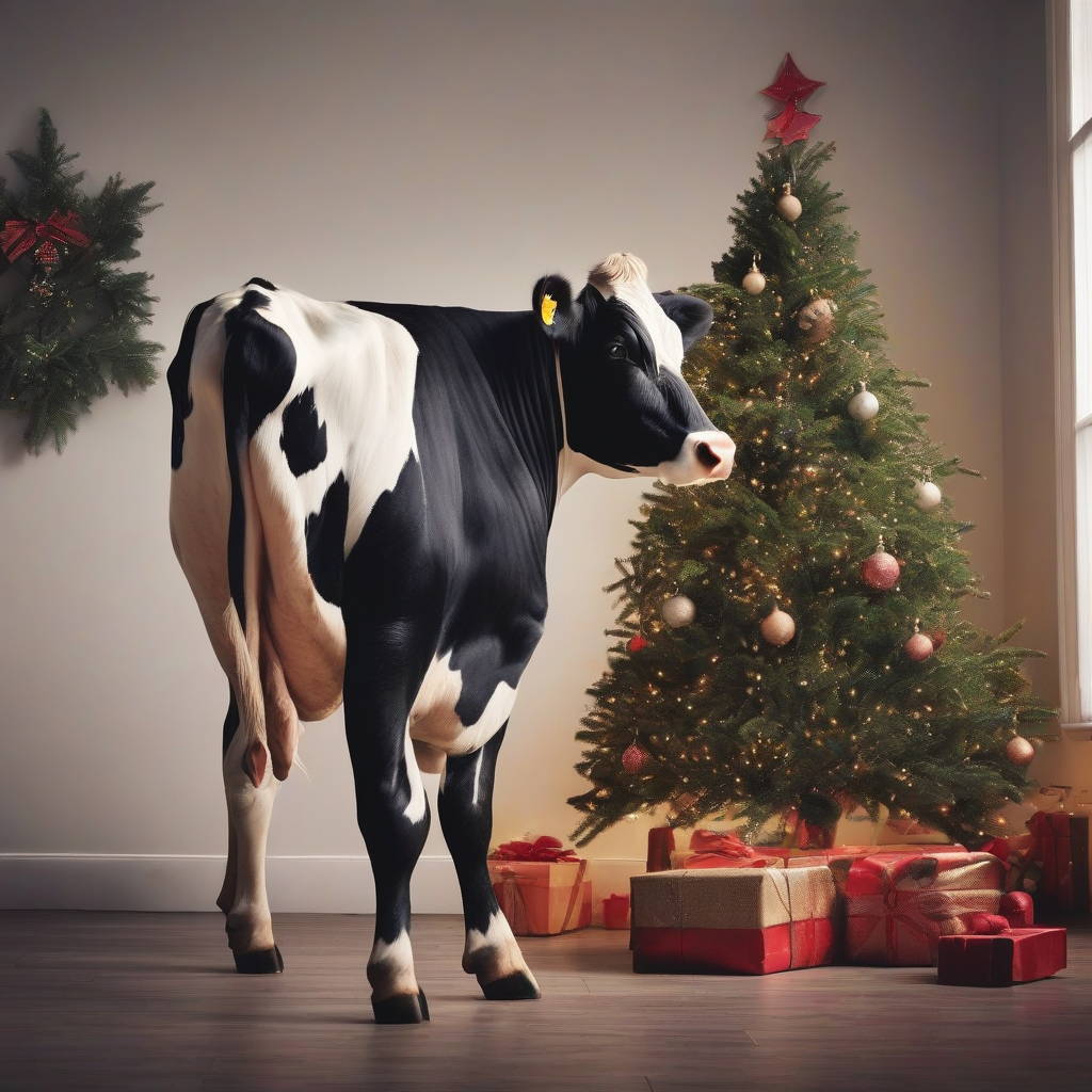 a cow in front of the christmas tree by मुफ्त एआई छवि जनरेटर - बिना लॉगिन के✨ | AIGAZOU