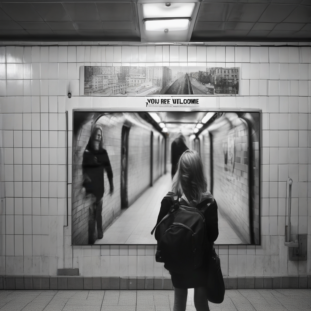 u bahn fliesen schoene junge frau plakat youre welcome gottfried helnwein schwarz weiss foto in foto by मुफ्त एआई छवि जनरेटर - बिना लॉगिन के✨ | AIGAZOU