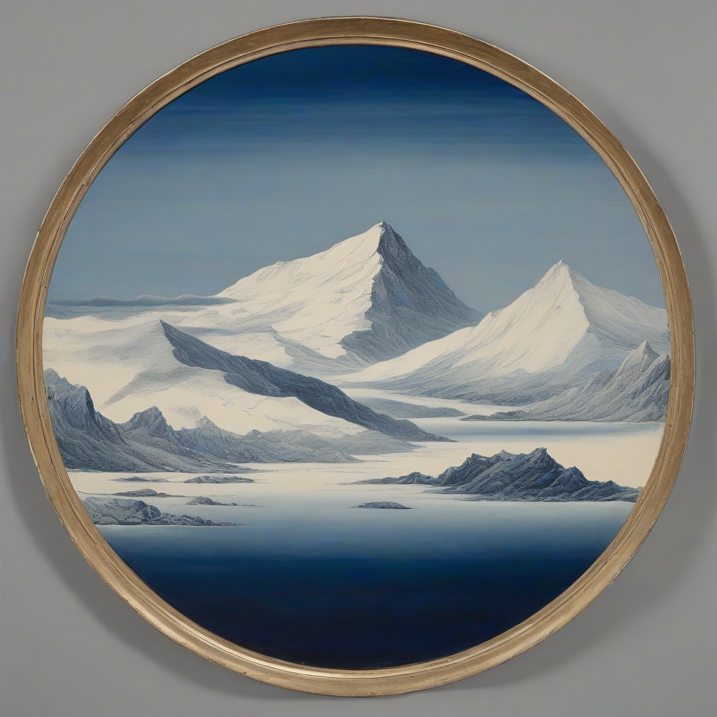 circular canvas with snowy mountains and deep blue sea by मुफ्त एआई छवि जनरेटर - बिना लॉगिन के✨ | AIGAZOU