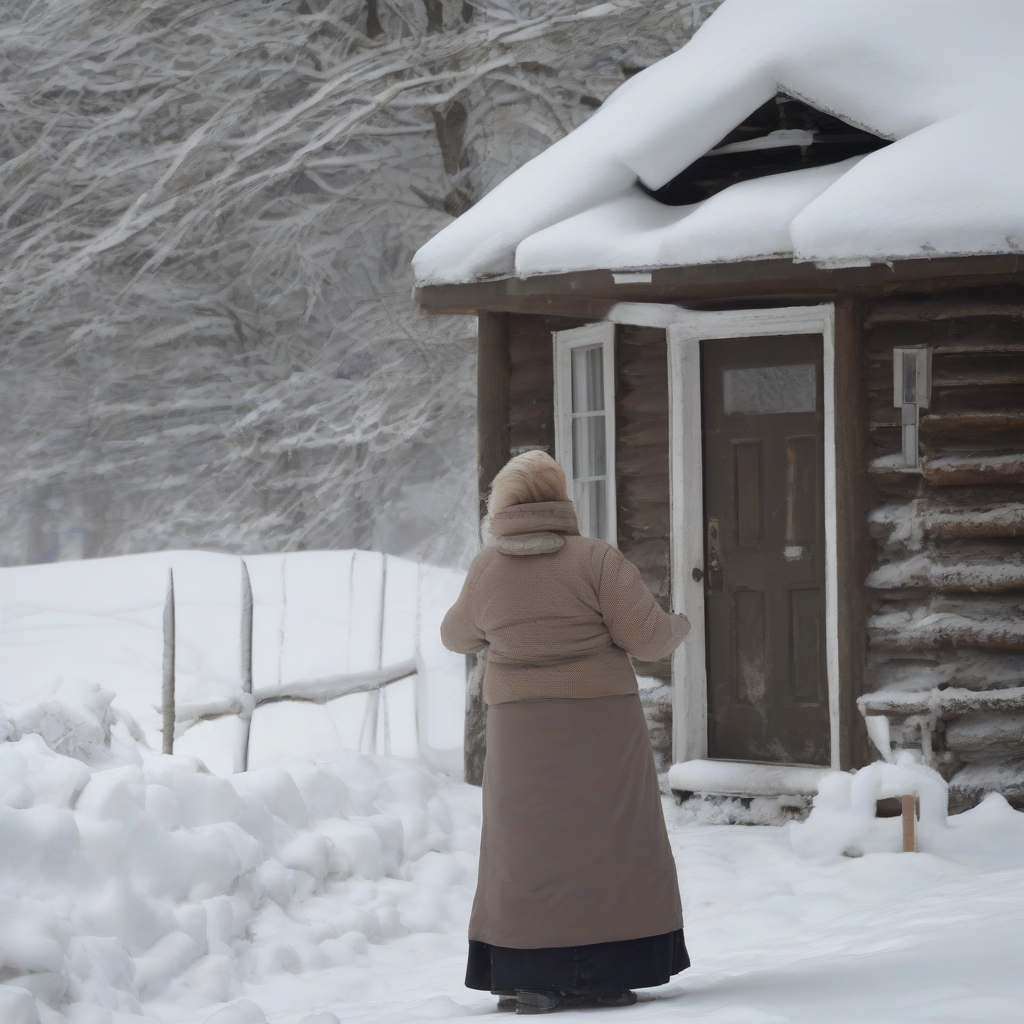 a woman bows to me in front of a snowy house by Générateur d'images par IA gratuit - Aucune connexion nécessaire✨ | AIGAZOU