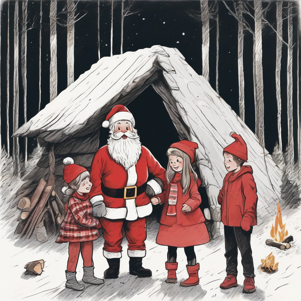 the santa claus with his wife daughter and son stand together in the forest in front of a shelter with by मुफ्त एआई छवि जनरेटर - बिना लॉगिन के✨ | AIGAZOU