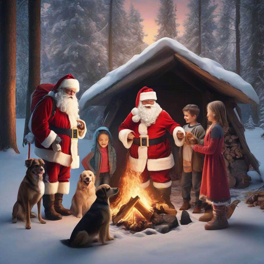 the santa claus with his wife daughter son and dog stand together in the forest in front of a shelter by मुफ्त एआई छवि जनरेटर - बिना लॉगिन के✨ | AIGAZOU