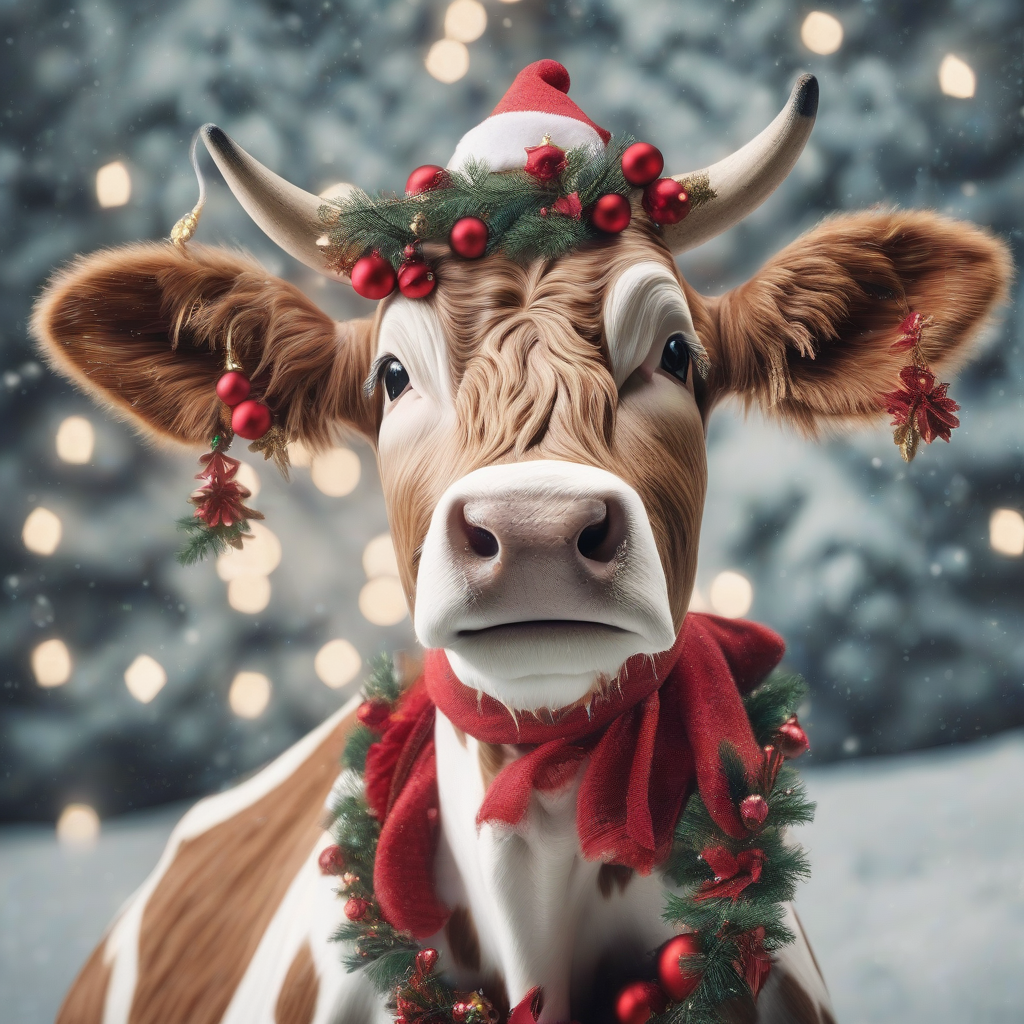 a christmas cow in front of the christmas tree by मुफ्त एआई छवि जनरेटर - बिना लॉगिन के✨ | AIGAZOU