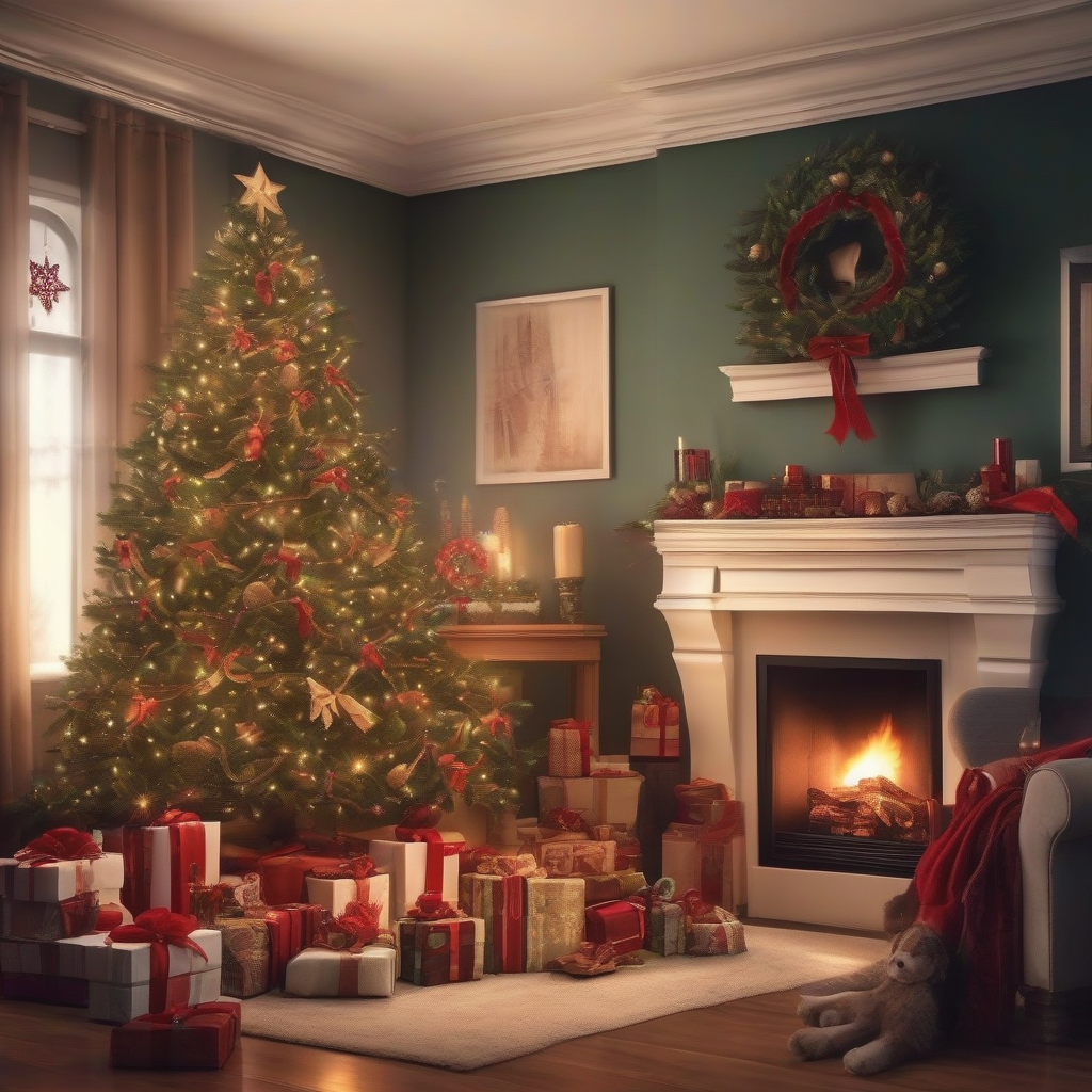 a christmas scene with decorated tree gifts fireplace by मुफ्त एआई छवि जनरेटर - बिना लॉगिन के✨ | AIGAZOU