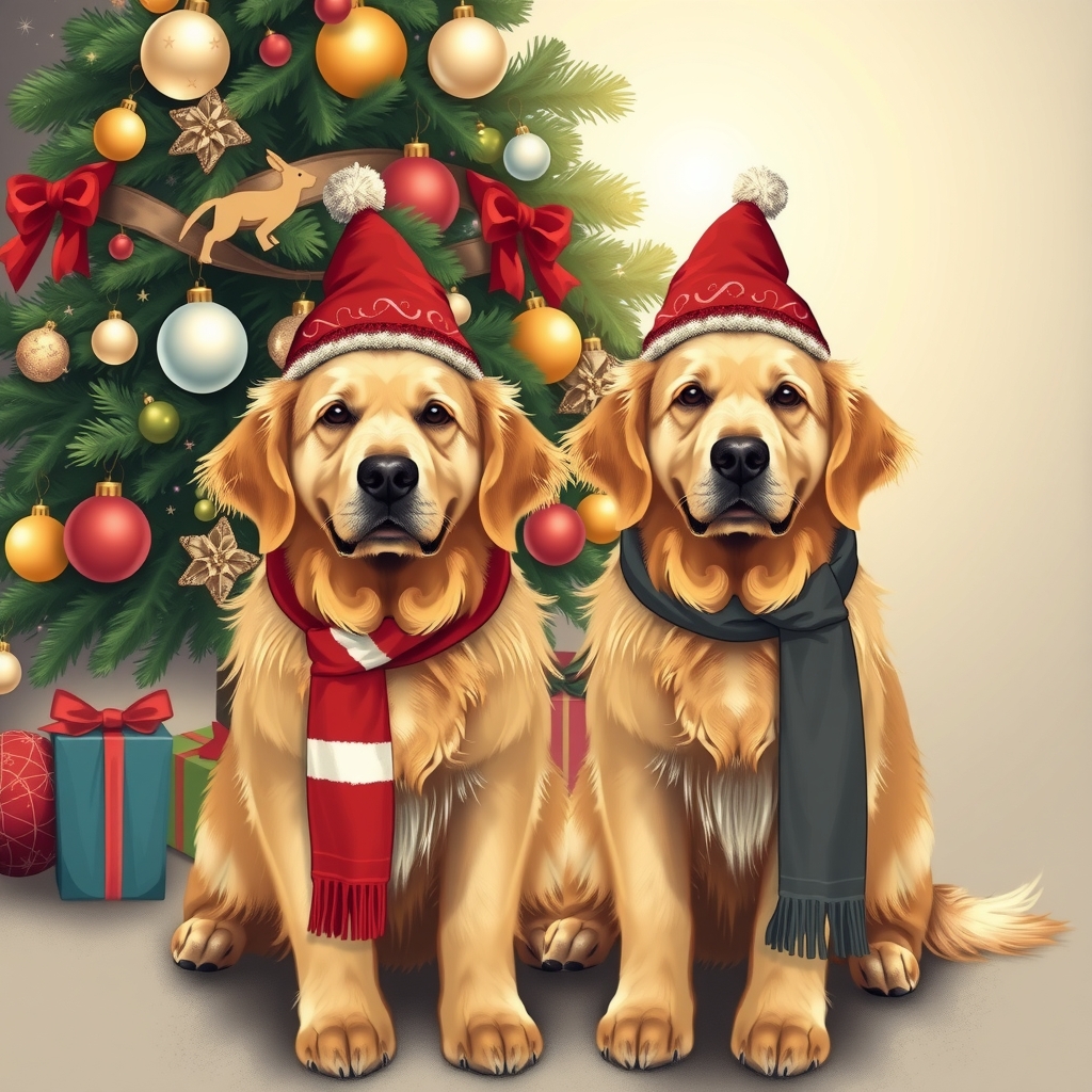 two golden retrievers with knitted hats and scarves by Générateur d'images par IA gratuit - Aucune connexion nécessaire✨ | AIGAZOU