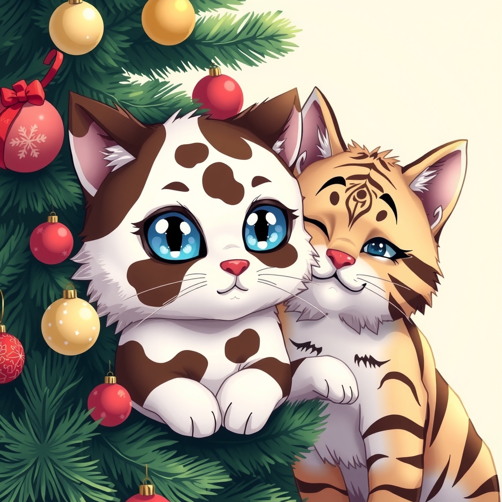 anime style christmas tree white eyed blue pupil cow pattern cat one eyed brown tiger pattern cat on the right by Générateur d'images par IA gratuit - Aucune connexion nécessaire✨ | AIGAZOU