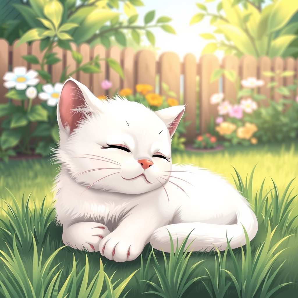 a cute white cat napping on the lawn by मुफ्त एआई छवि जनरेटर - बिना लॉगिन के✨ | AIGAZOU