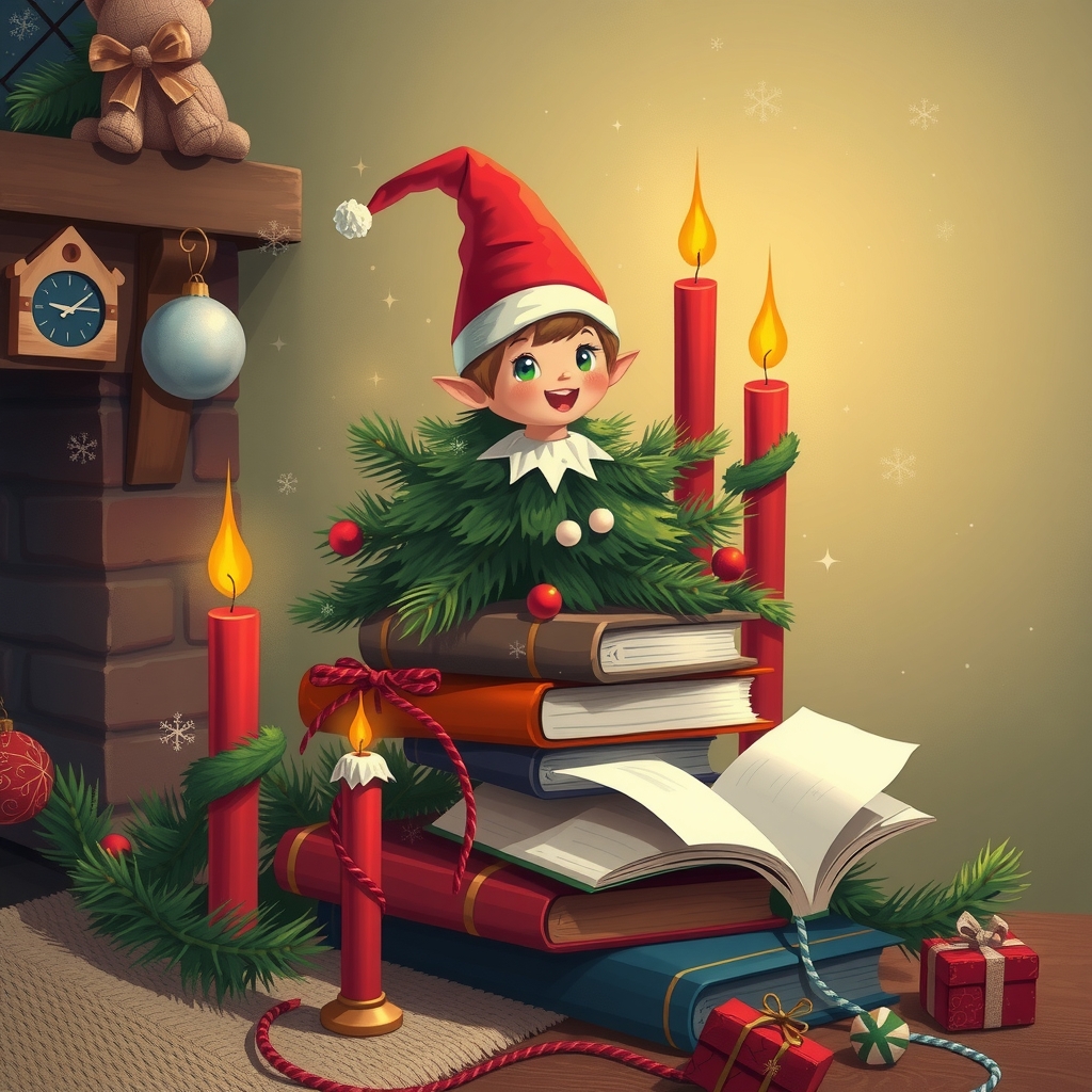 christmas elf books candles tree by मुफ्त एआई छवि जनरेटर - बिना लॉगिन के✨ | AIGAZOU