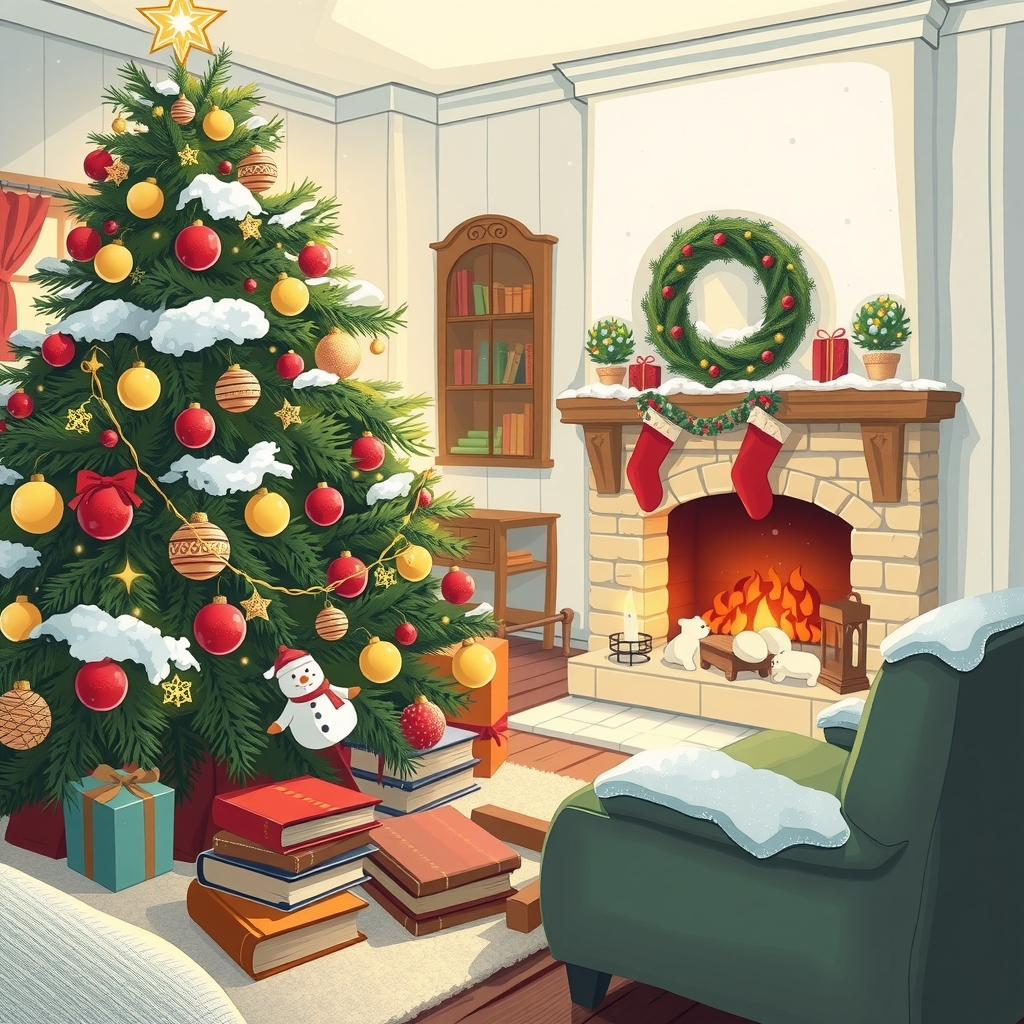 christmas with tree books snow fireplace by मुफ्त एआई छवि जनरेटर - बिना लॉगिन के✨ | AIGAZOU