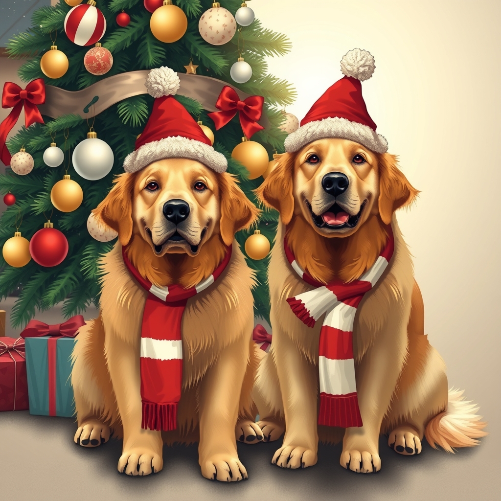 two large golden retrievers with ear muffs and scarf sitting in front of decorated christmas tree by मुफ्त एआई छवि जनरेटर - बिना लॉगिन के✨ | AIGAZOU