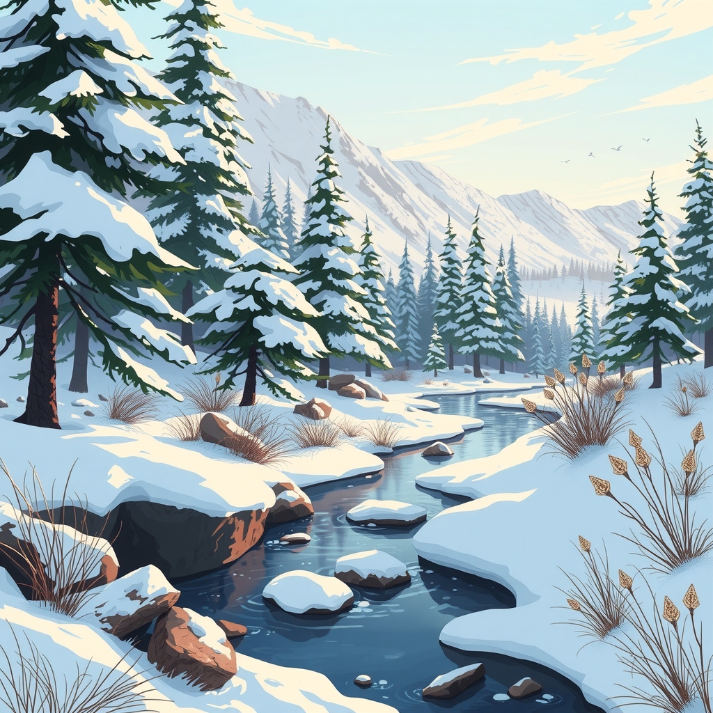 winter landscape with creek by मुफ्त एआई छवि जनरेटर - बिना लॉगिन के✨ | AIGAZOU