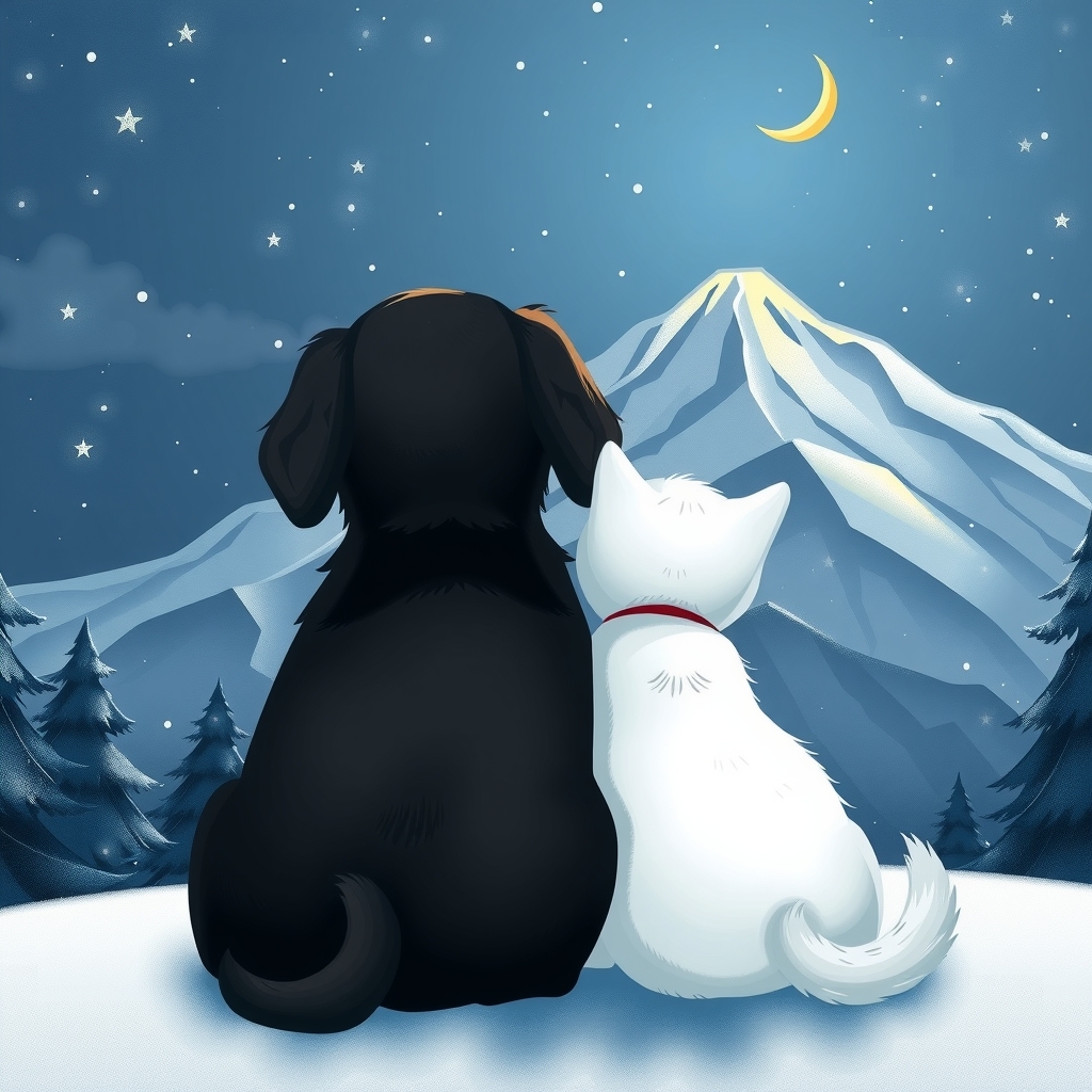 a black dog and a white cat watching snowy mountain by मुफ्त एआई छवि जनरेटर - बिना लॉगिन के✨ | AIGAZOU