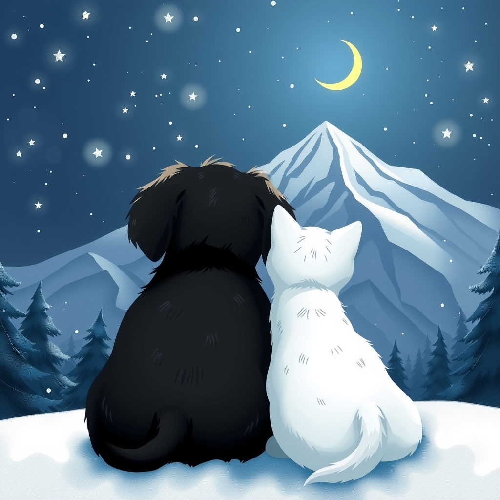 a black dog and a white cat watching a snowy mountain by मुफ्त एआई छवि जनरेटर - बिना लॉगिन के✨ | AIGAZOU