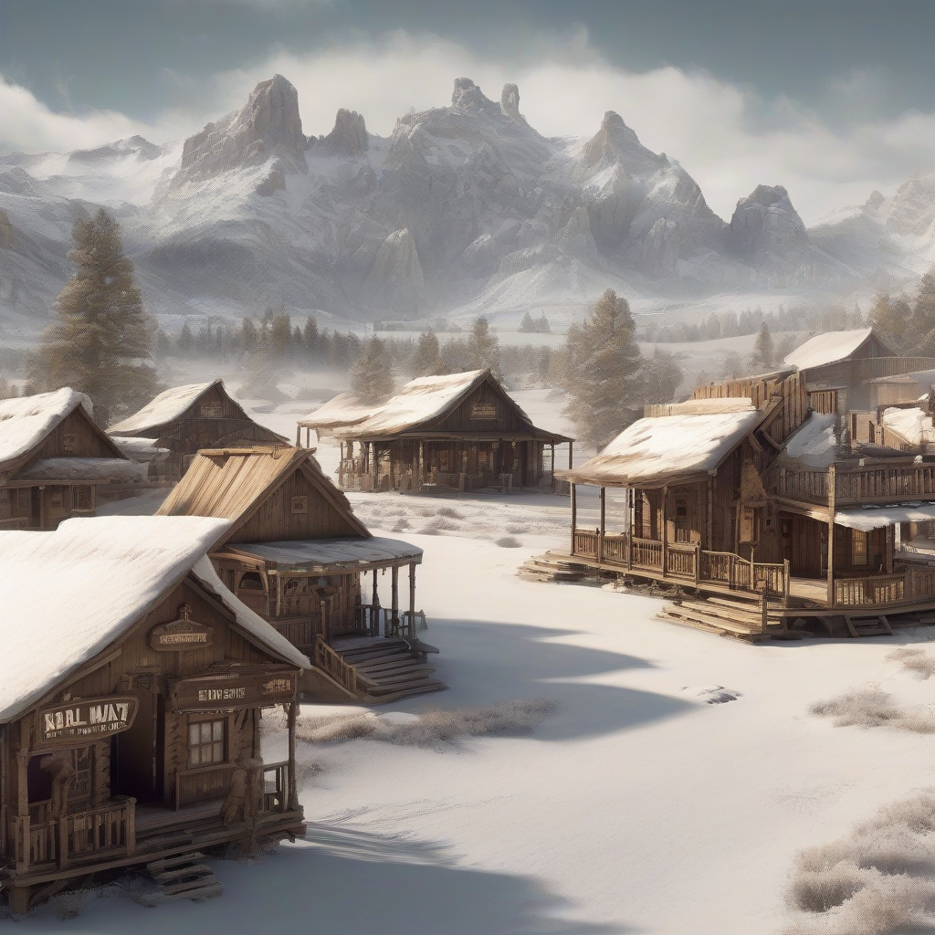 create image of saloons and wooden houses in karl may western style with snow in mountain landscape with indians by मुफ्त एआई छवि जनरेटर - बिना लॉगिन के✨ | AIGAZOU