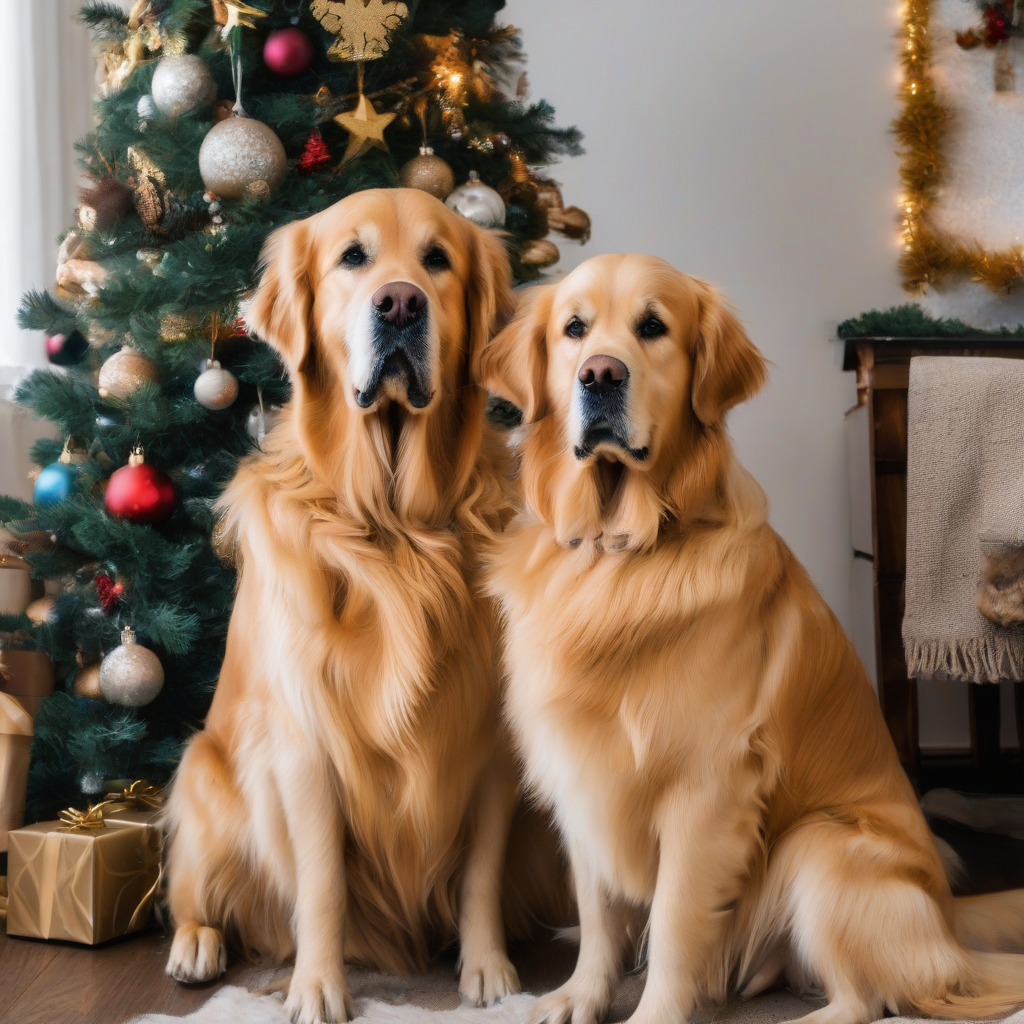 two christmas golden retrievers sitting in front of decorated tree by मुफ्त एआई छवि जनरेटर - बिना लॉगिन के✨ | AIGAZOU