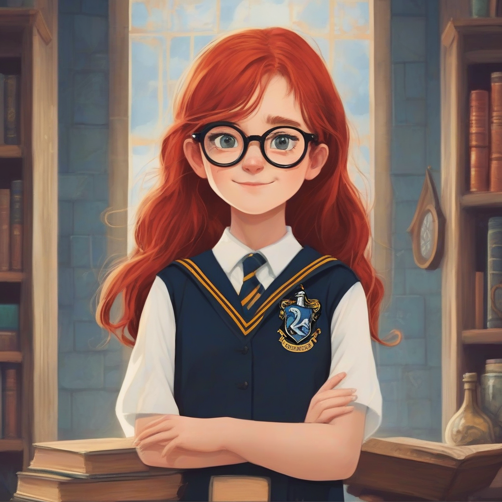 a ravenclaw girl with red long hair and black square glasses by मुफ्त एआई छवि जनरेटर - बिना लॉगिन के✨ | AIGAZOU