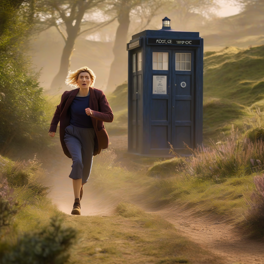 dr who thirteen jodie whitaker runs to tardis in nature by मुफ्त एआई छवि जनरेटर - बिना लॉगिन के✨ | AIGAZOU