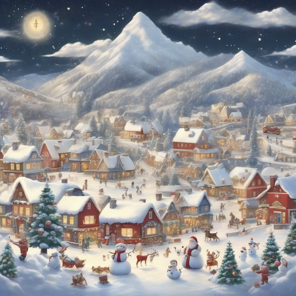 a village in the plain with snow stars shining santa passing by a christmas tree a snowman and mountains in by Générateur d'images par IA gratuit - Aucune connexion nécessaire✨ | AIGAZOU