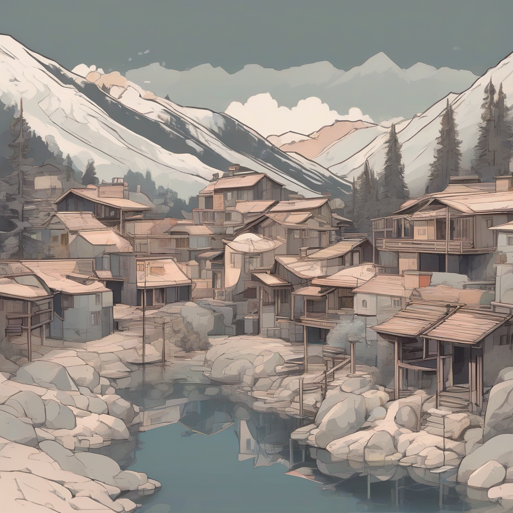 hot springs in mountain village elegant color scheme by मुफ्त एआई छवि जनरेटर - बिना लॉगिन के✨ | AIGAZOU