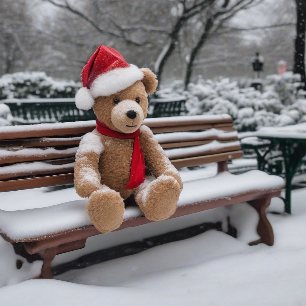 teddy with a christmas hat on a park bench by मुफ्त एआई छवि जनरेटर - बिना लॉगिन के✨ | AIGAZOU