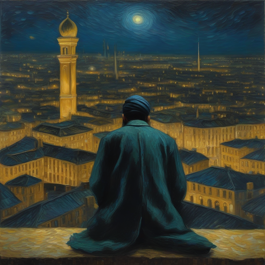 a van gogh style oil painting of a muslim man praying in a night cityscape by मुफ्त एआई छवि जनरेटर - बिना लॉगिन के✨ | AIGAZOU