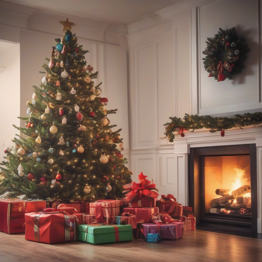 christmas tree with many gifts and flickering fireplace by मुफ्त एआई छवि जनरेटर - बिना लॉगिन के✨ | AIGAZOU