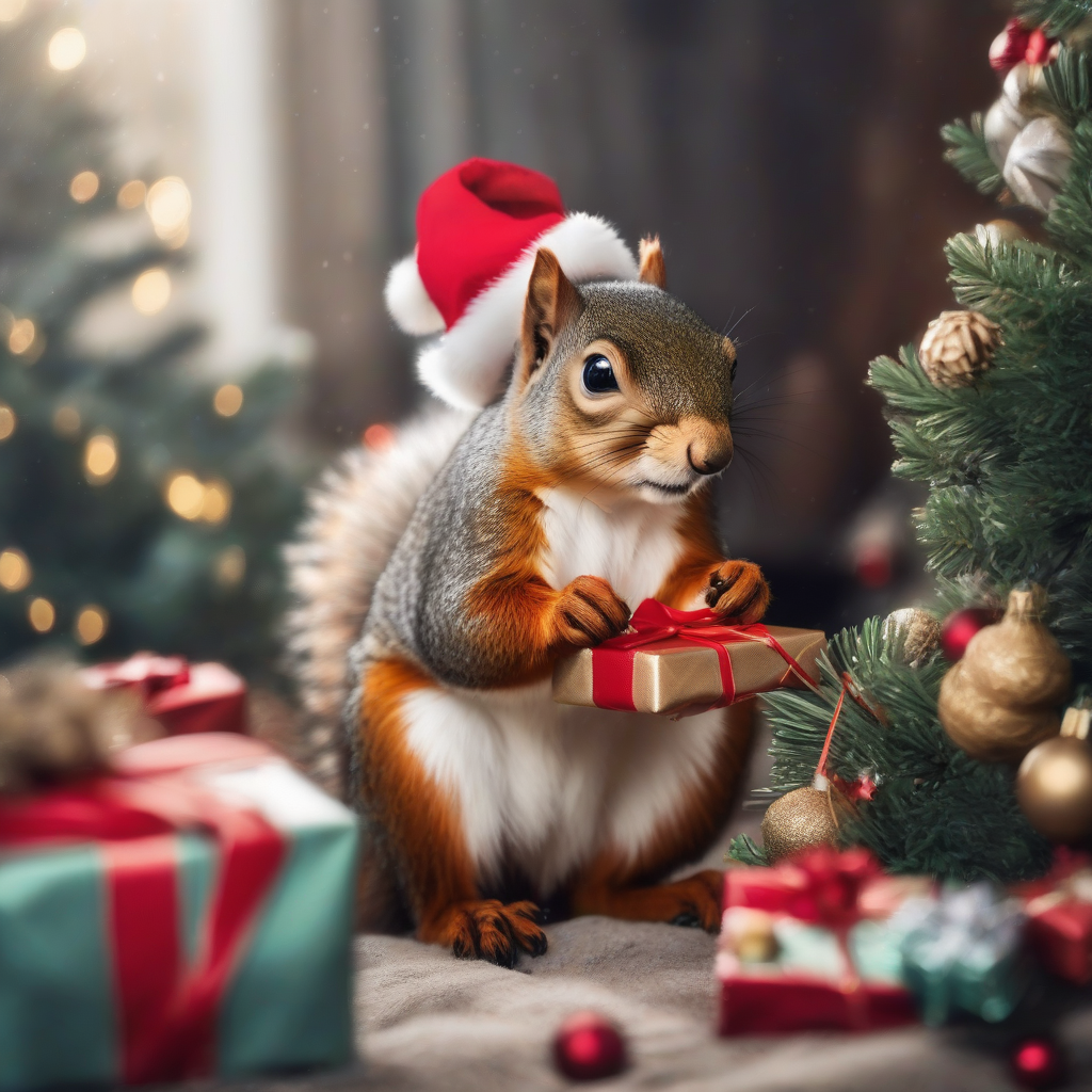 squirrel with christmas hat sits with gift under christmas tree by मुफ्त एआई छवि जनरेटर - बिना लॉगिन के✨ | AIGAZOU