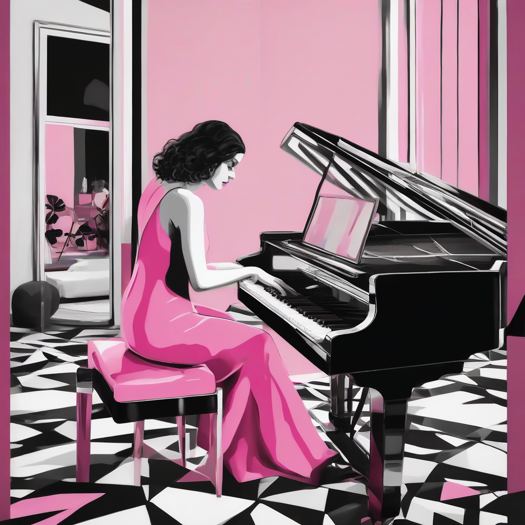 modern woman playing piano in black white pink by मुफ्त एआई छवि जनरेटर - बिना लॉगिन के✨ | AIGAZOU