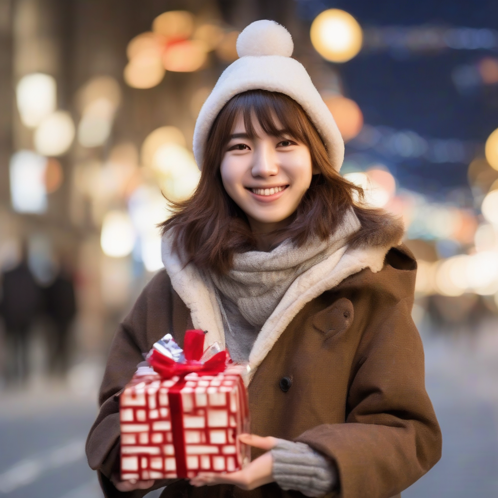 christmas illumination 21 year old female japanese student smiling short brown hair city photo style holding christmas present by मुफ्त एआई छवि जनरेटर - बिना लॉगिन के✨ | AIGAZOU