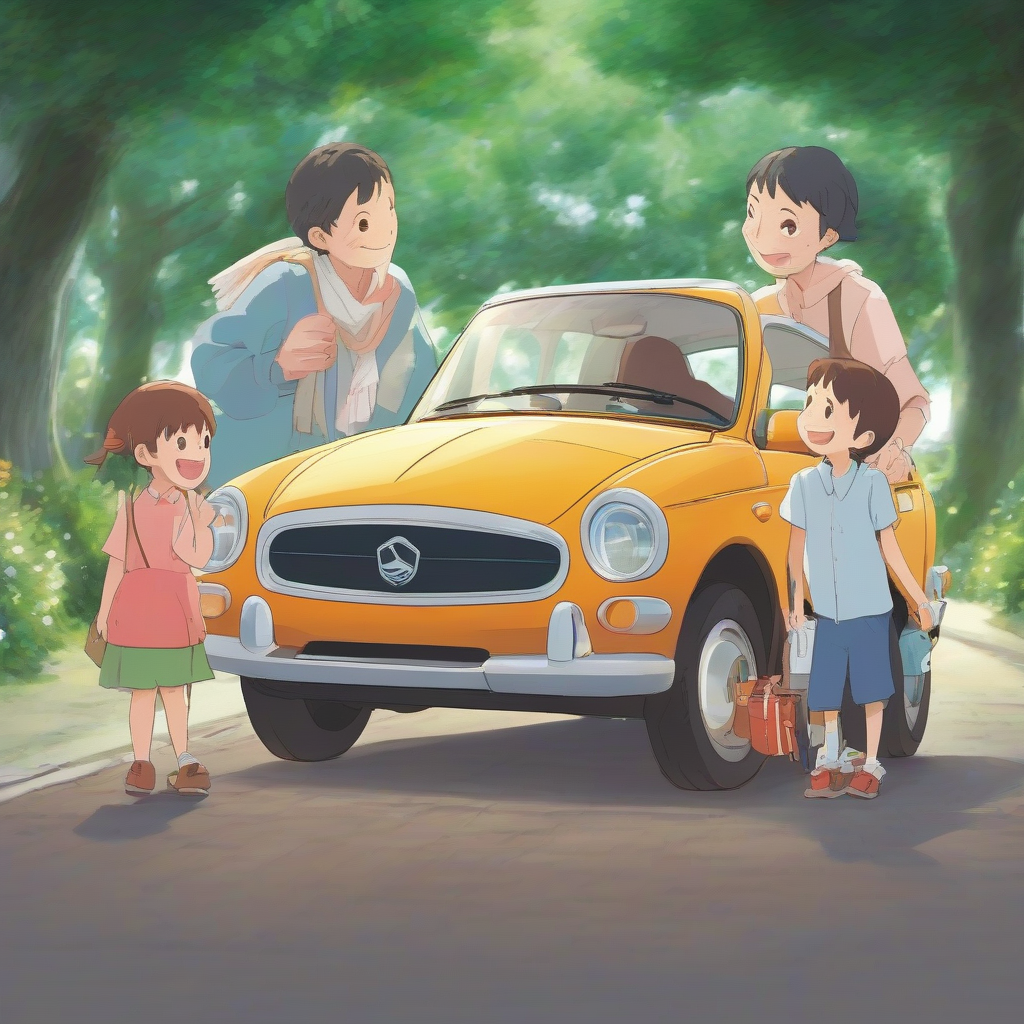 car sharing connects family smiles ghibli style emotional by मुफ्त एआई छवि जनरेटर - बिना लॉगिन के✨ | AIGAZOU