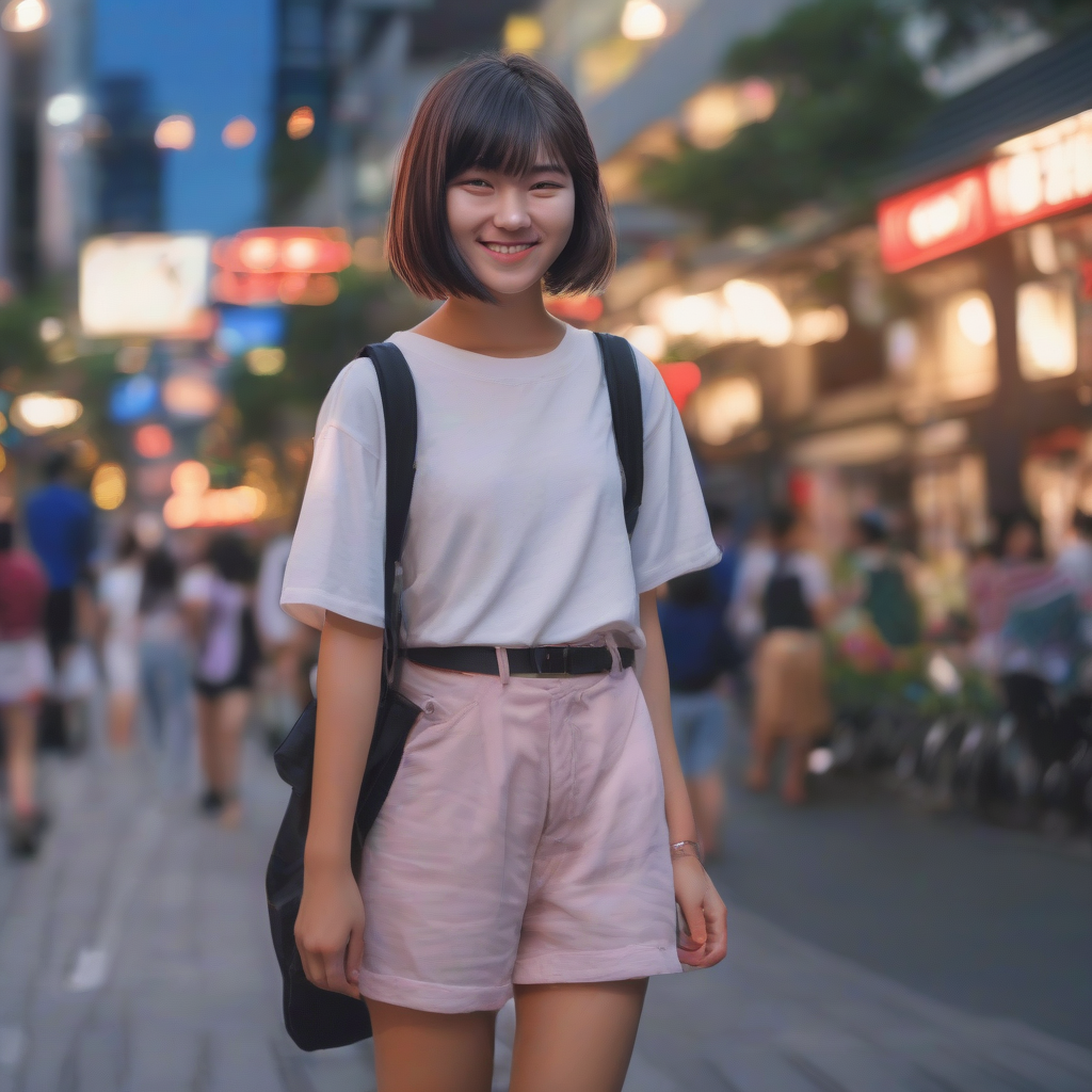 southern hemisphere summer christmas art 21 year old female japanese student smiling bob cut city evening magic hour photo style by मुफ्त एआई छवि जनरेटर - बिना लॉगिन के✨ | AIGAZOU