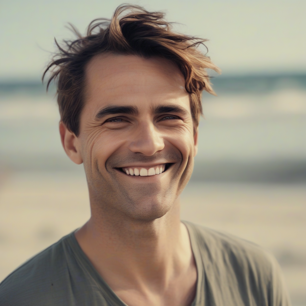 42 year old man smiling on beach short hair resembles emma watson colored image by मुफ्त एआई छवि जनरेटर - बिना लॉगिन के✨ | AIGAZOU