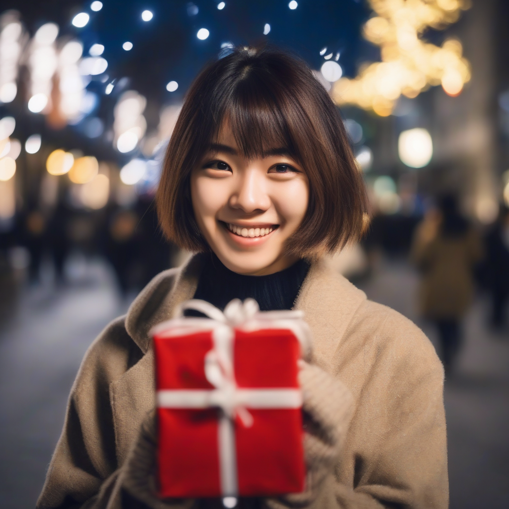 christmas illumination 21 year old female college student japanese smiling bob cut urban photographic style holding christmas present by मुफ्त एआई छवि जनरेटर - बिना लॉगिन के✨ | AIGAZOU